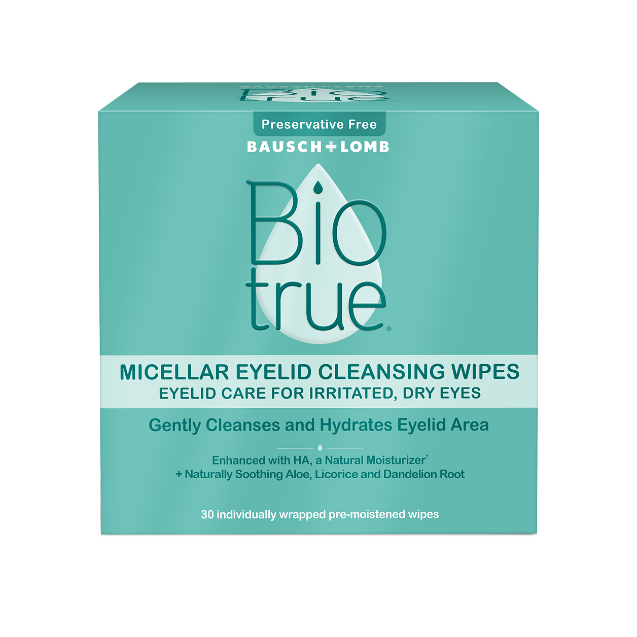 box containing 30 individually wrapped, pre-moistened wipes of Bausch + Lomb Biotrue® Micellar Eyelid Cleansing Wipes