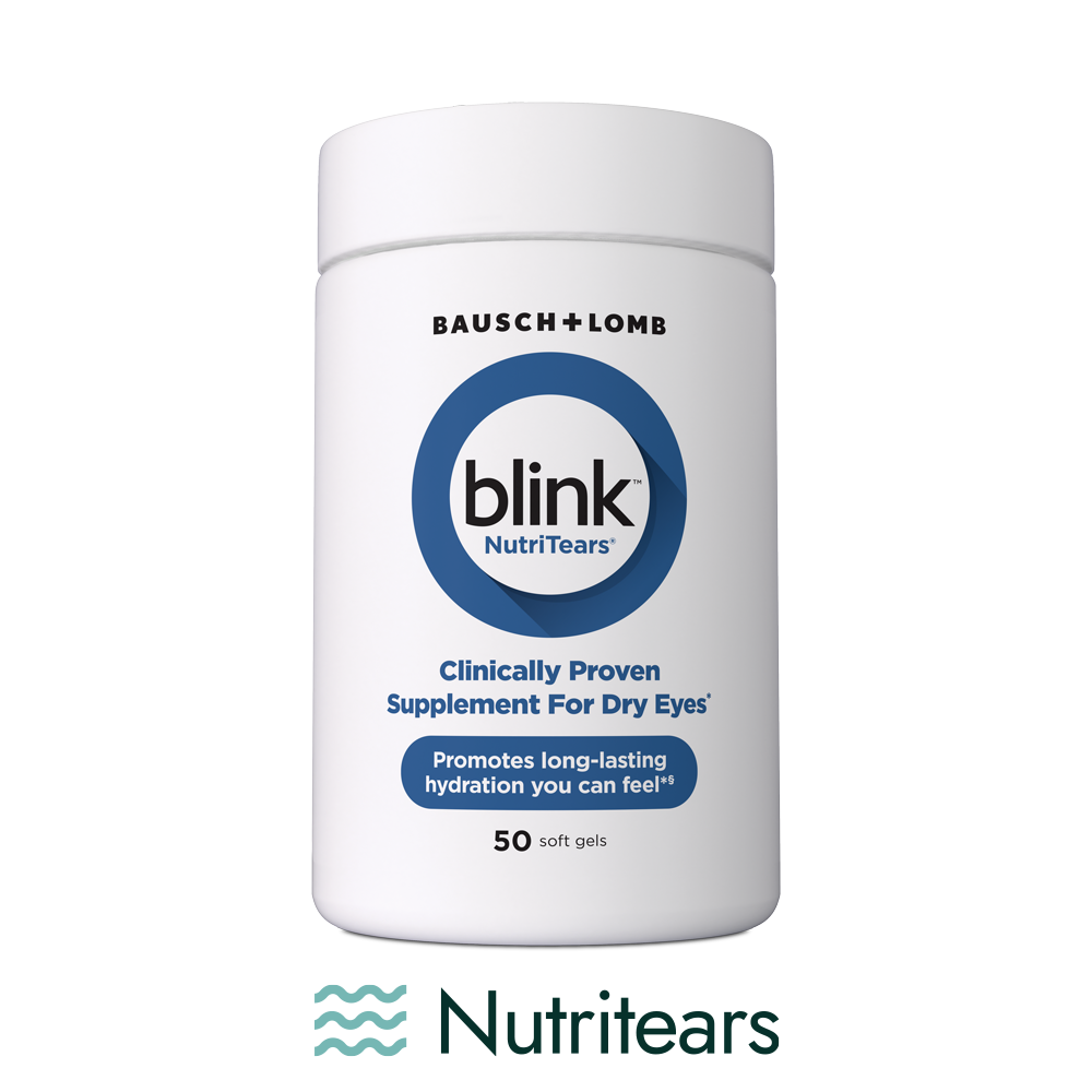 50-capsule bottle of blink™ NutriTears® Dry Eye Supplement with pill